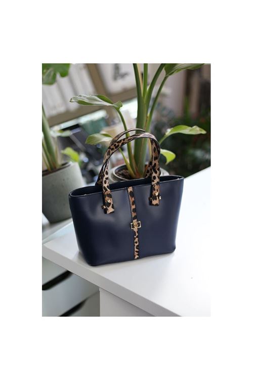 Kadın Lacivert Leopar Şerit Desenli Askılı El Omuz Çantası