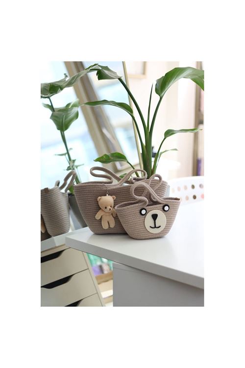 Bej Örme Aksesuar Detaylı 2'li Anne Kız El Çantası