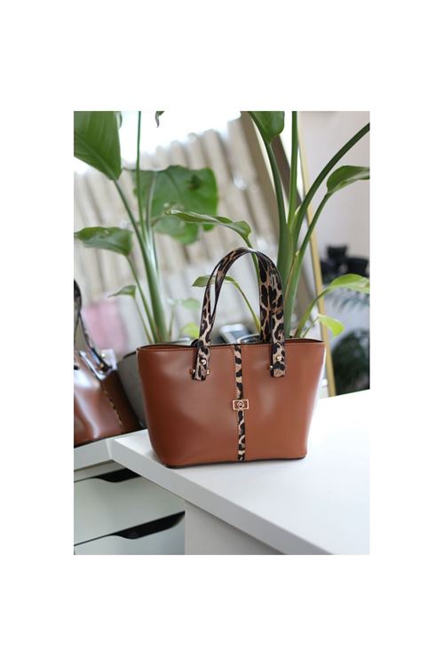 Kadın Taba Leopar Şerit Desenli Askılı El Omuz Çantası