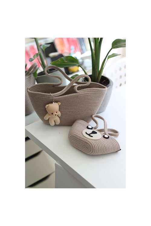 Bej Örme Aksesuar Detaylı 2'li Anne Kız El Çantası