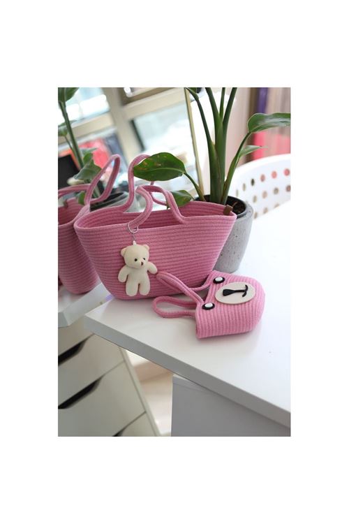 Pembe Örme Aksesuar Detaylı 2'li Anne Kız El Çantası