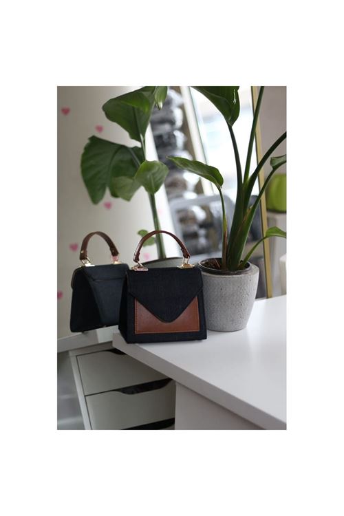 Taba Siyah Kot Detaylı Tutmalı El Omuz Çantası