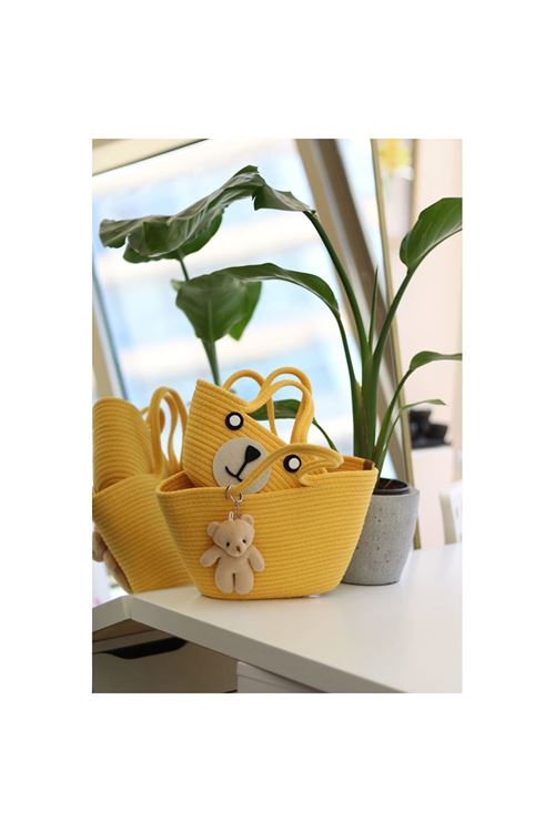 Sarı Örme Aksesuar detaylı 2'li anne kız el çantası