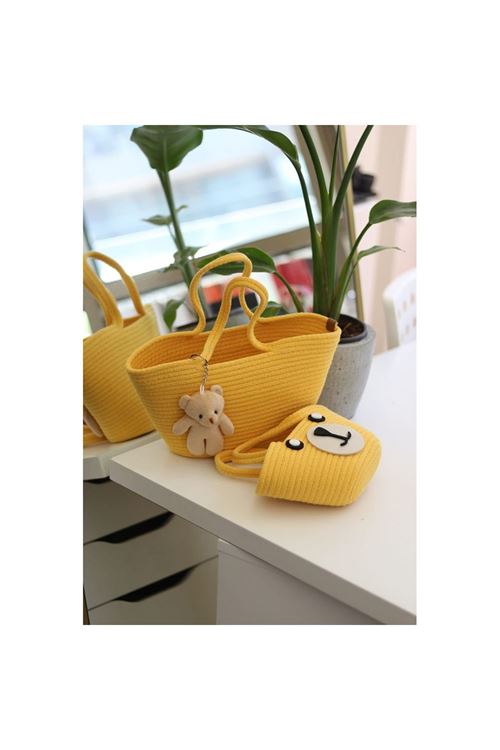 Sarı Örme Aksesuar detaylı 2'li anne kız el çantası