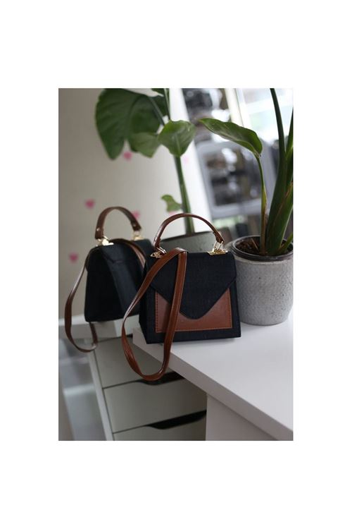 Taba Siyah Kot Detaylı Tutmalı El Omuz Çantası