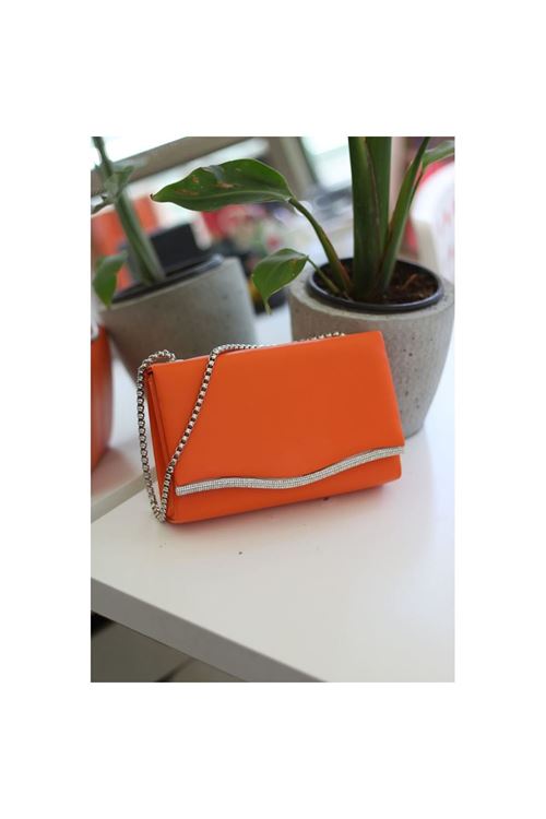 Kadın Turuncu Taş Detaylı Zincirli Omuz Çantası