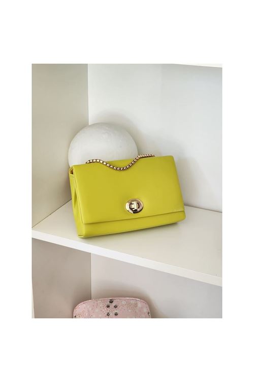 Kadın Neon Yeşil Kilit Detaylı Kutu Omuz Çantası