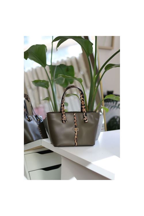 Kadın Haki Yeşil Leopar Şerit Desenli Askılı El Omuz Çantası