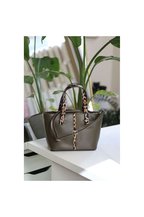 Kadın Haki Yeşil Leopar Şerit Desenli Askılı El Omuz Çantası