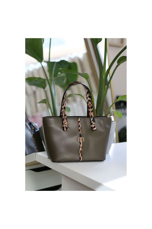 Kadın Haki Yeşil Leopar Şerit Desenli Askılı El Omuz Çantası