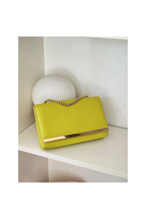 Kadın Neon Yeşil Şerit Detaylı Zincirli Omuz Çantası