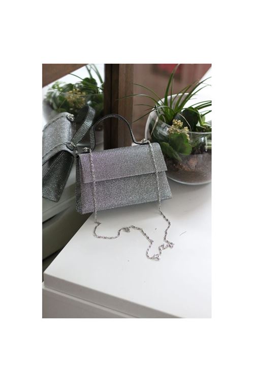 Kadın Platin Simli Tutma Detaylı Abiye Çantası