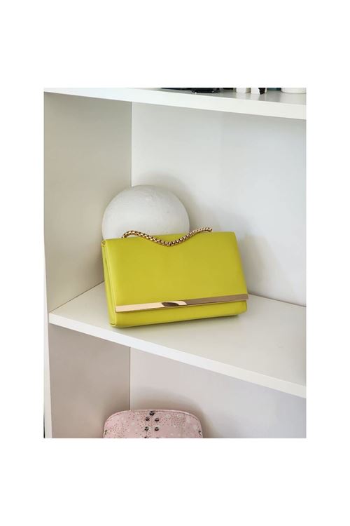 Kadın Neon Yeşil Şerit Detaylı Zincirli Omuz Çantası