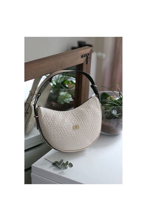 Kadın Krem Kroko Oval Askılı Omuz Çantası