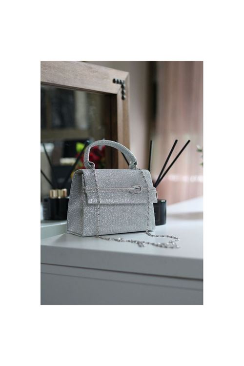 Kadın Simli Silver Taş Detaylı Abiye Omuz Çantası