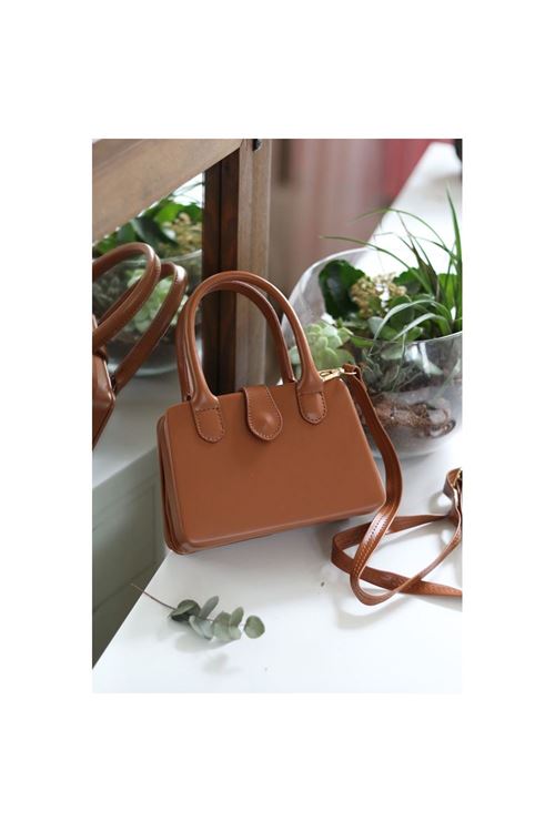 Kadın Taba Çift Kulp Detaylı Mini Kalıp Omuz Çantası