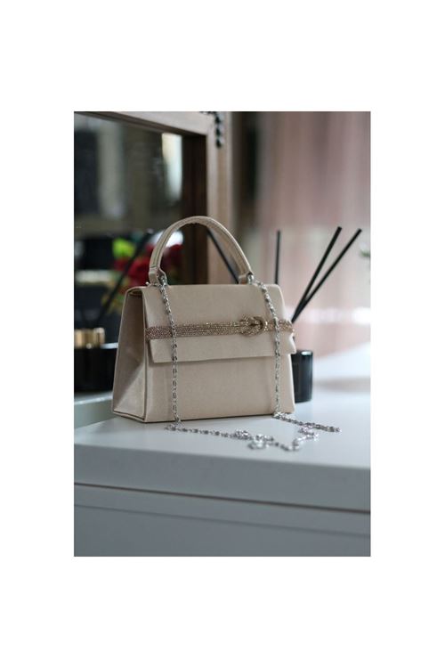 Kadın Nude Saten Taş  Detaylı Abiye Omuz Çantası