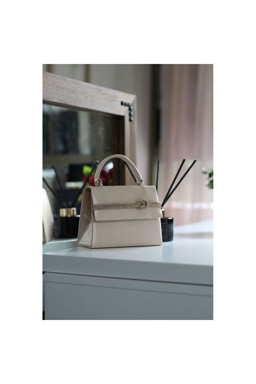 Kadın Nude Saten Taş  Detaylı Abiye Omuz Çantası