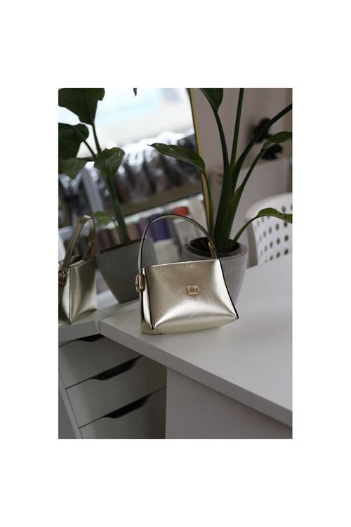 Kadın Gold Parlak Dokulu Tutma Saplı El Omuz Çantası