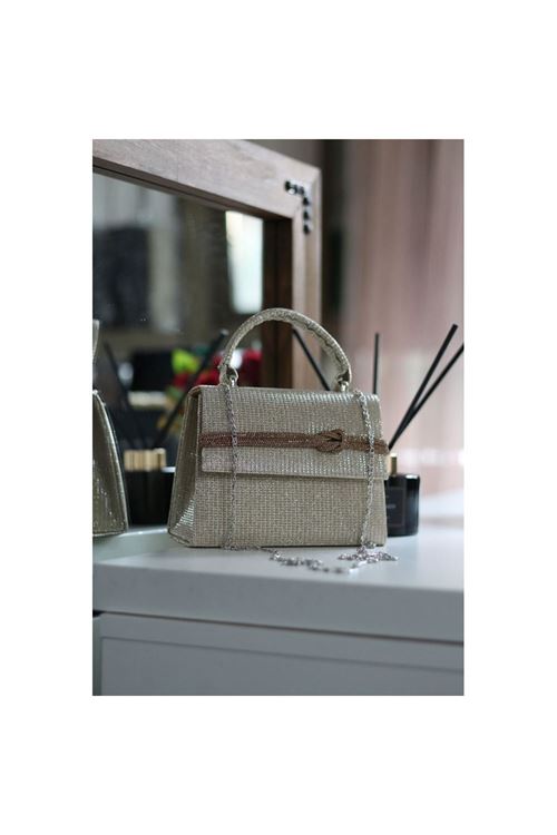 Kadın Gold Simli Taş  Detaylı Abiye Omuz Çantası