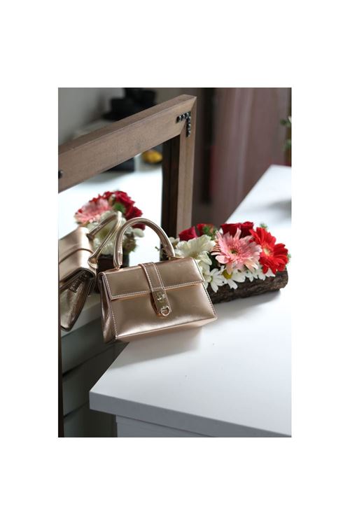 Kadın Rose Gold Kare Kilit Detaylı Mini El &amp;amp; Omuz Çantası