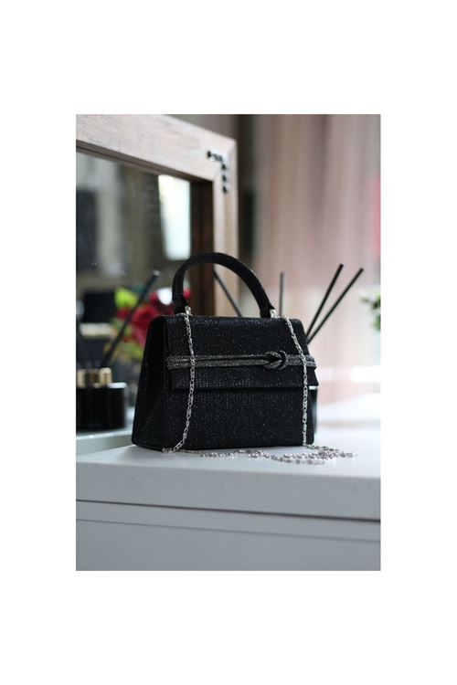 Kadın Siyah Simli  Taş Detaylı Abiye Omuz Çantası