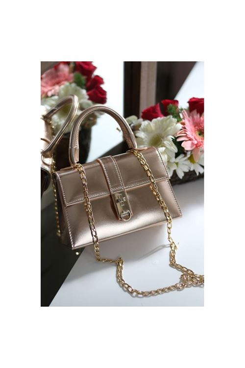 Kadın Rose Gold Kare Kilit Detaylı Mini El &amp;amp; Omuz Çantası