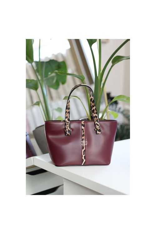 Kadın Bordo Leopar Şerit Desenli Askılı El Omuz Çantası
