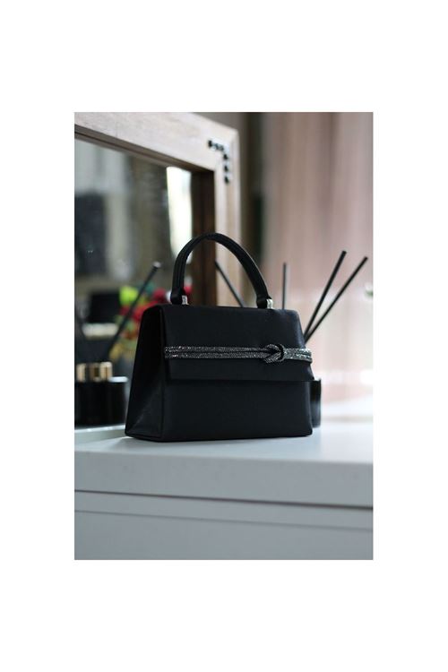 Kadın Siyah Saten Taş Detaylı Abiye Omuz Çantası