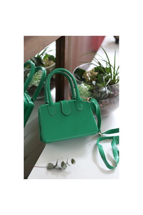 Kadın Yeşil Çift Kulp Detaylı Mini Kalıp Omuz Çantası
