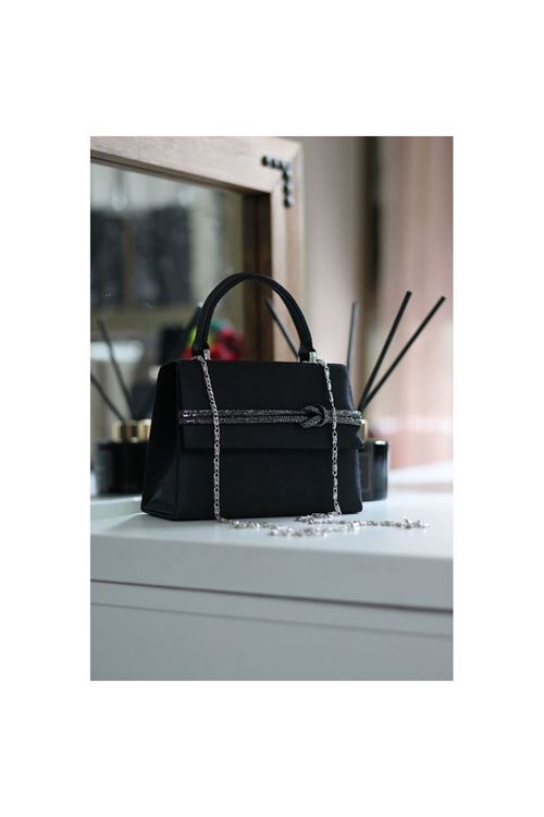 Kadın Siyah Saten Taş Detaylı Abiye Omuz Çantası