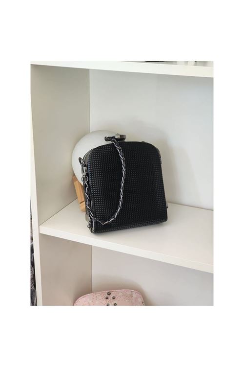 Siyah Pul Kaplama Kristal Taş Detaylı Abiye El Çantası