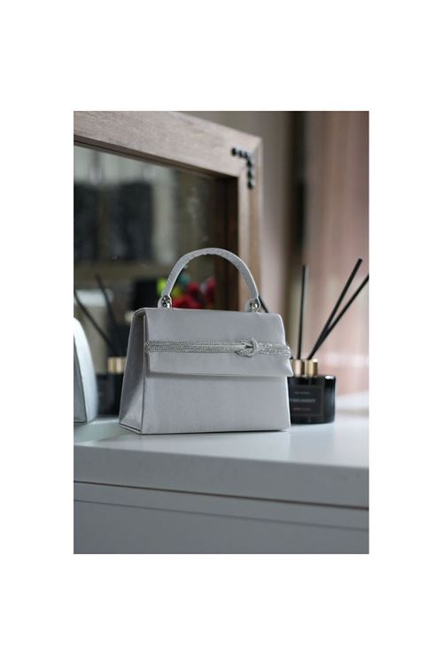 Kadın Gri Saten Taş  Detaylı Abiye Omuz Çantası