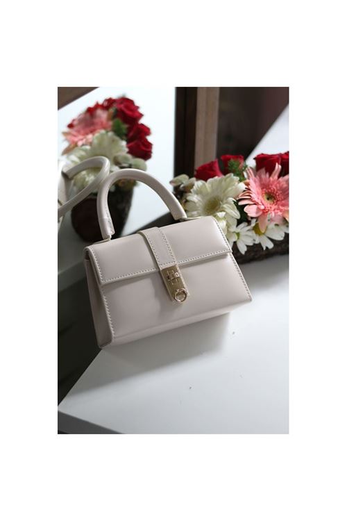 Kadın Krem Gold Kare Kilit Detaylı Mini El &amp;amp; Omuz Çantası