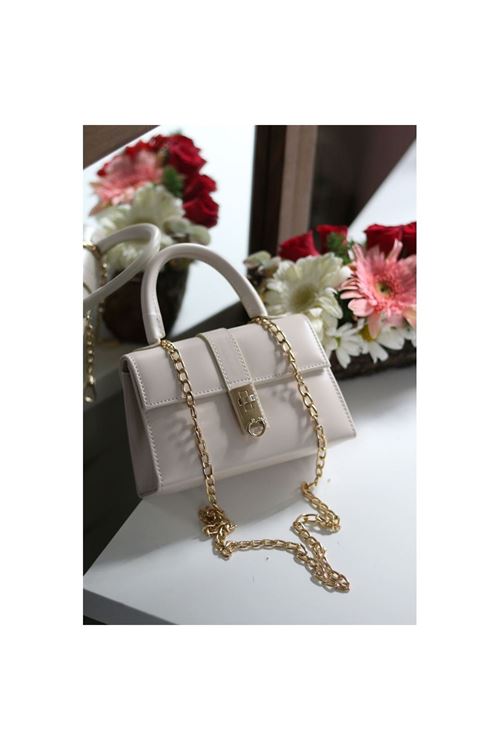 Kadın Krem Gold Kare Kilit Detaylı Mini El &amp;amp; Omuz Çantası