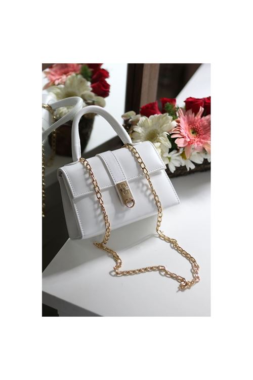 Kadın Beyaz Gold Kare Kilit Detaylı Mini El &amp;amp; Omuz Çantası