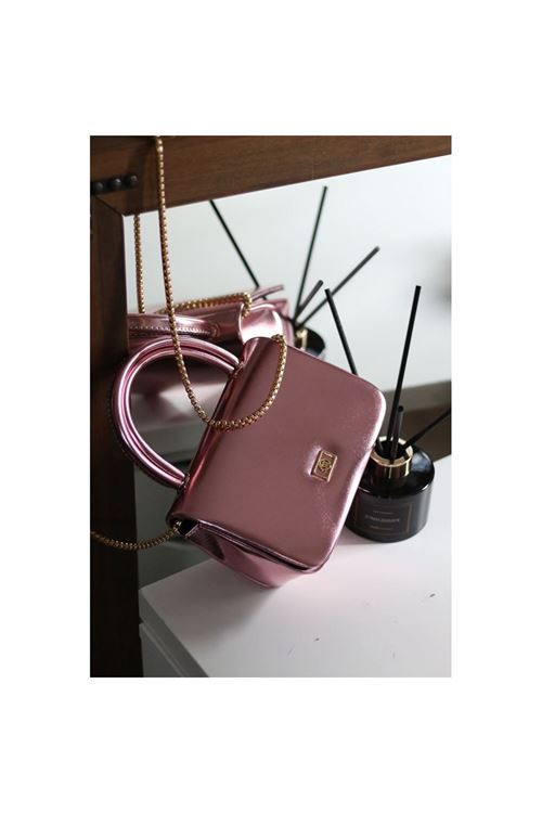 Kadın Pudra Parlak Renkli Zincir Detaylı El Çantası