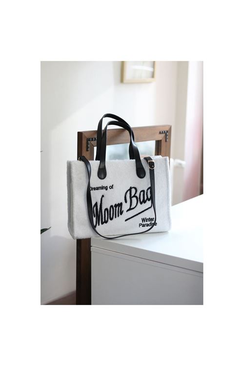 Kadın Beyaz Peluş Büyük Boy Omuz Çantası