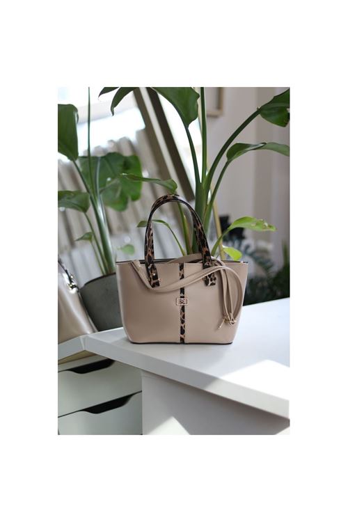 Kadın Krem Leopar Şerit Desenli Askılı El Omuz Çantası