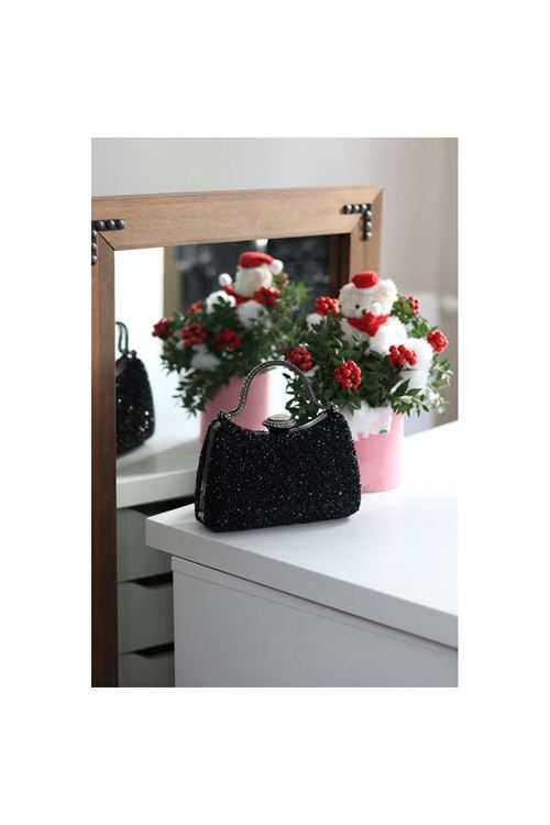 Kadın Siyah Taşlı Tutma Detaylı Abiye Çanta