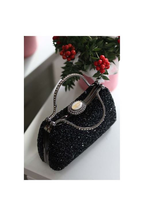 Kadın Siyah Taşlı Tutma Detaylı Abiye Çanta