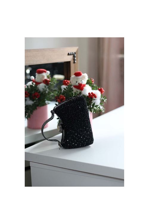 Kadın Siyah Taşlı Tutma Detaylı Abiye Çanta