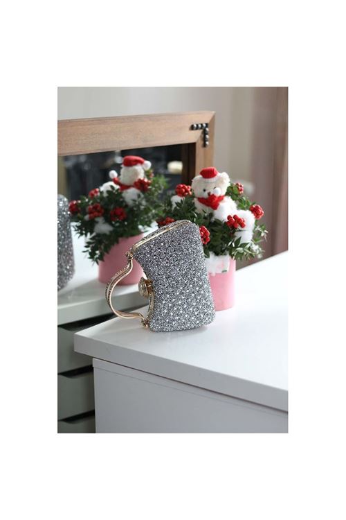 Kadın Silver Taşlı Tutma Detaylı Abiye Çanta