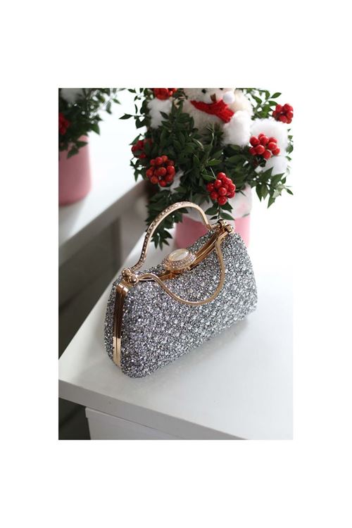 Kadın Silver Taşlı Tutma Detaylı Abiye Çanta