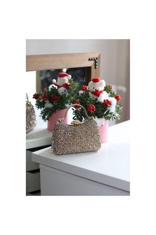 Kadın Gold Taşlı Tutma Detaylı Abiye Çanta