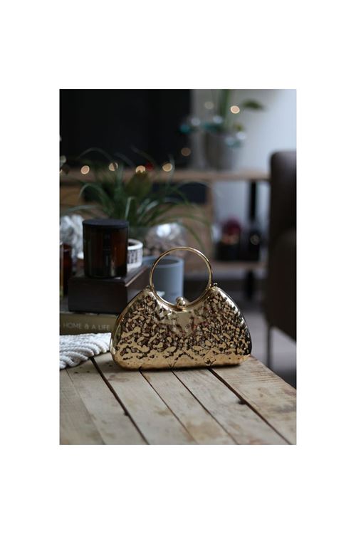 Gold Taş Doku Metalik Oval Tutma Form Abiye El Çantası