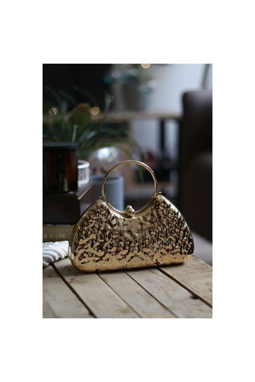 Gold Taş Doku Metalik Oval Tutma Form Abiye El Çantası