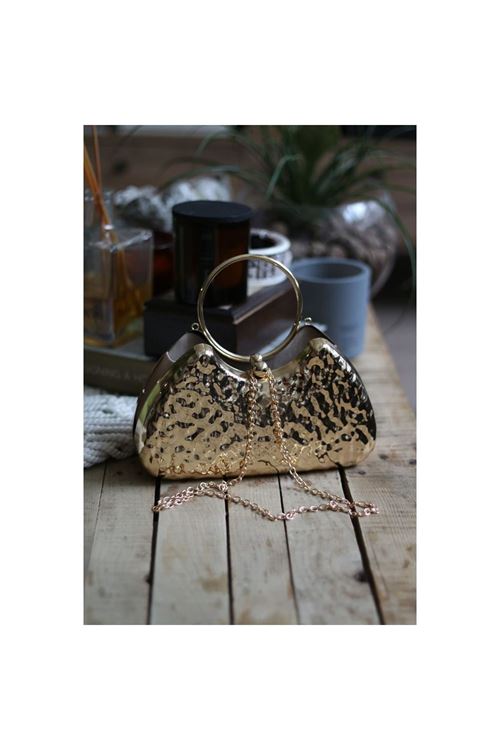 Gold Taş Doku Metalik Oval Tutma Form Abiye El Çantası