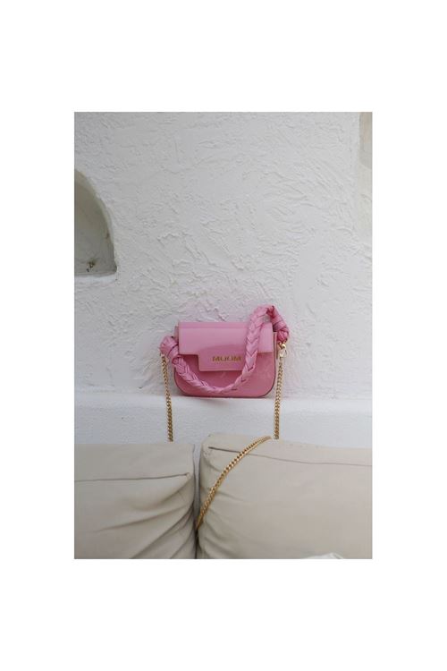 Kadın Rugan Pembe Örme Sap Detaylı Zincirli Omuz Çantası