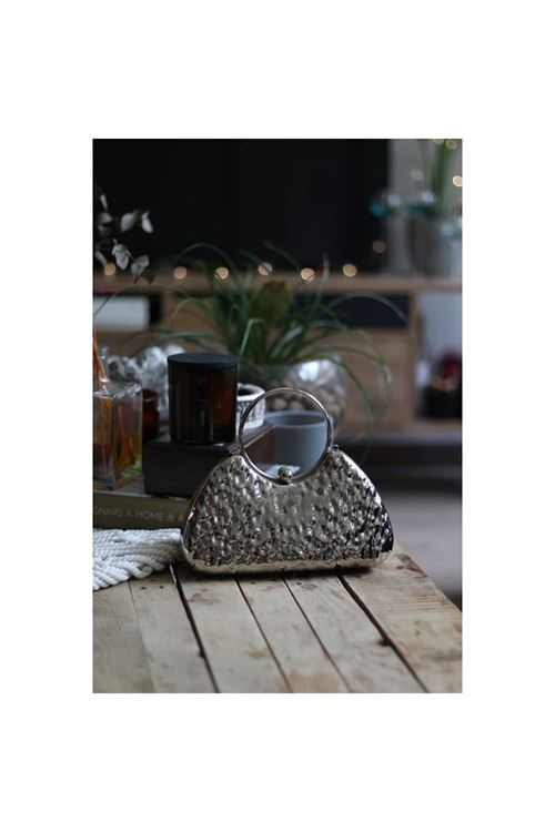 Silver Taş Doku Metalik Oval Tutma Form Abiye El Çantası